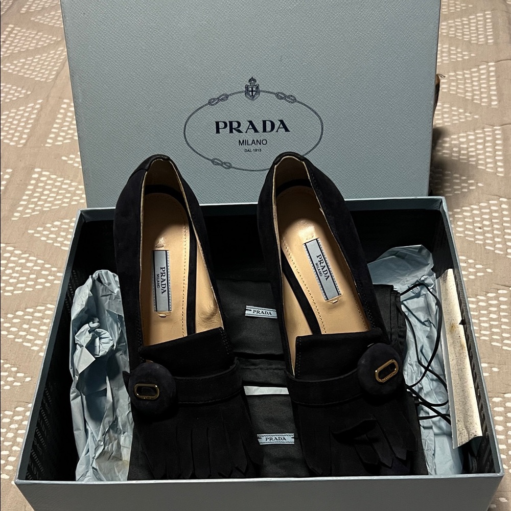Prada Black Suede Platform Heels with Fringe - Picture 15 of 16